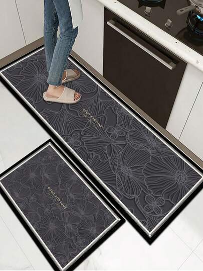 1 件装软橡胶厨房地垫，3.5 毫米厚厨房地毯，黑色莲花纹理图案，奢华风格吸水厨房地垫地毯，可自行裁剪以适应厨房尺寸，表面织物材质，中间海绵层，底部橡胶层，适用于厨房地毯、厨房装饰、婚礼装饰、家居装饰、浴室地垫、门垫、洗衣房地垫、走廊地毯、客厅地垫等。