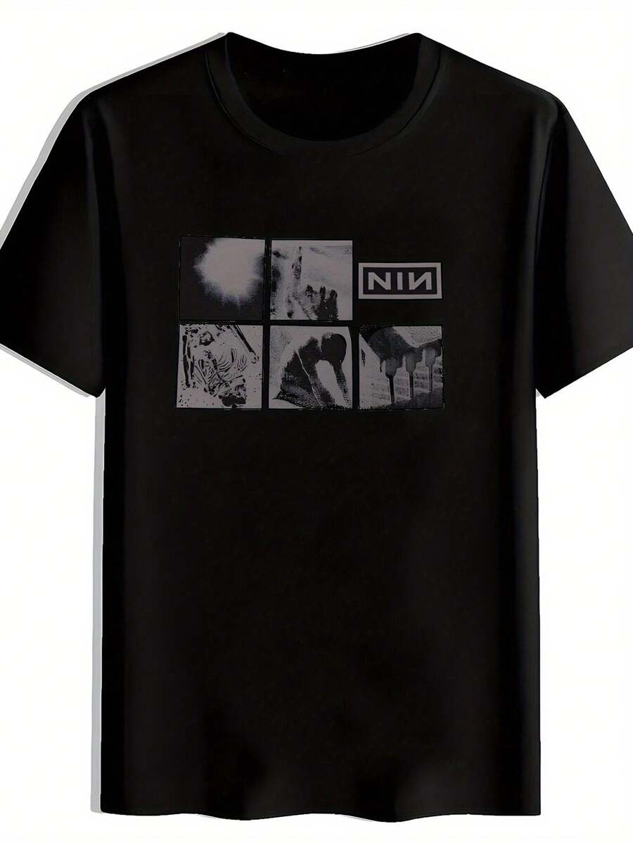 Camiseta gráfica de banda de rock para hombres - Impresión retro de manga corta y cuello redondo. Top Casual de Verano de Poliéster Festival deúsica; Ropa para fanáticos del Heavy Metal. Negro con diseño OASI-A. para viajar. Playa. Vacaciones. Regalo de vacaciones - Negro - Ver 1