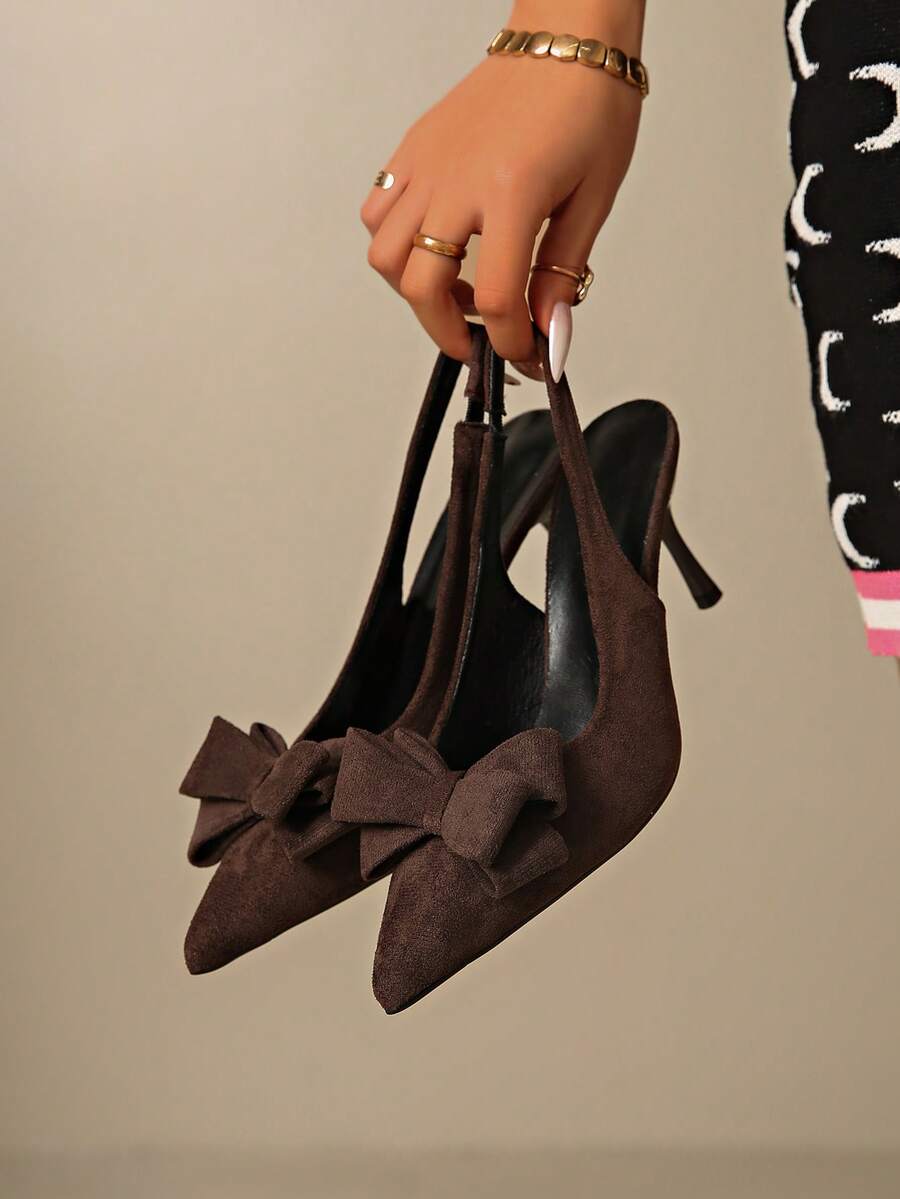 French Classic Elegant Bowknot Strap Sandals, Pointed Toe High Heels, Versatile Slip-On Sandals For Spring/Summer, Suitable For Commuting And Dresses