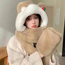 1pc Cute Strawberry Bear Ear Scarf Hat Cold-Proof Warm Hat Gloves Hooded Integrated Hat - 09-3598 帽子圍巾手套一體-黑色 - 查看 6