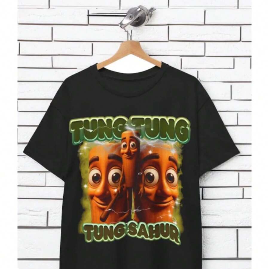 Tung Tung Tung Sahur T-Shirt Muslim Gift Idea Funny Meme Viral Viral Unisex T-Shirt Meme Shirt Brainrot Italia Fashion - 黑色 - 查看 1