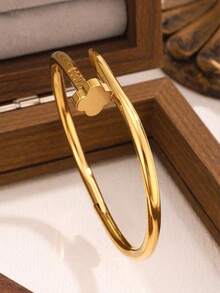 1 Set Stainless Steel Fashion Versatile Flower & Four-Leaf Clover Rhinestone Bracelet Jewelry Set, Suitable For Daily Wear, Gift - Yellow Gold - View 8