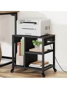 Bajo soporte de impresora de escritorio con tomacorrientes y puertos de carga USB, mesa de impresora de escritorio con estante de almacenamiento, soporte de impresora móvil de 4 niveles con ruedas para oficina en casa - Negro - Ver 5