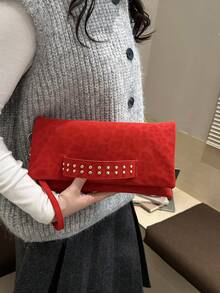 Sac pochette carré décoratif de couleur unie pour femmes, idéal pour les courses quotidiennes et les voyages - Rouge - Voir 2