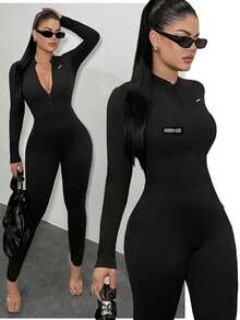 FlowZen Women's New Spring/Summer Black Half-Zip Long Sleeve Jumpsuit, Sexy Slim-Fit Bodysuit, High Elasticity Skin-Friendly Design, Suitable For Commuting, Street, Date, Music Festival, Party, Vacation, Y2K Sexy Girl Essential - Black - View 1