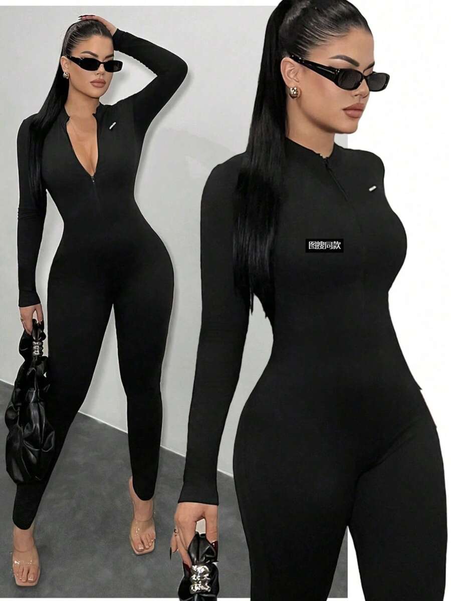 FlowZen Women's New Spring/Summer Black Half-Zip Long Sleeve Jumpsuit, Sexy Slim-Fit Bodysuit, High Elasticity Skin-Friendly Design, Suitable For Commuting, Street, Date, Music Festival, Party, Vacation, Y2K Sexy Girl Essential - Black - View 1