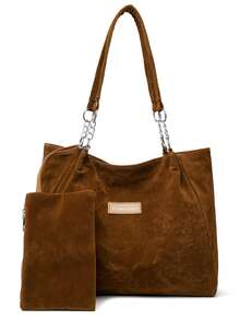 Set de 2 bolsos de mujer, bolso de hombro y mochila de tela de ante, gran capacidad para compras, viajes, con monedero - Marrón - Ver 4