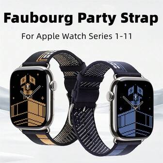 Faubourg Party Strap A Fete For All Occasions. The Faubourg Party Never Ends With This Durable Jacquard Knit Design, Featuring A Drawing Of The Historic 24 Faubourg Saint-Honore Store By Artist Tibor Karpati. Compatible With Apple Watch Band 44mm 45Mm 49mm 46mm 40mm 41mm 38mm 42mm Nylon Snap Bracelet