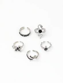 5pcs/Set Punk Style Black Drip Glazed Floral Rhinestone Butterfly Rings, Multi-Element Snake, Rose, Cross Ring Set For Women - Silver - View 6