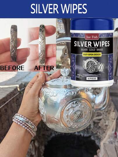 JUE FISH 40pcs Silver Cleaning Wet Wipes, Watch & Jewelry Cleaner Wipes To Remove Tarnish And Restore Shine On Silverware, Deeply Clean Crevices, Protect Against Oxidation And Extend Luster For Silver Bracelets, Necklaces, Cups And More