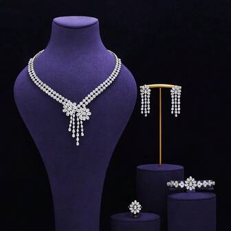 新款 CZ 水晶 4 件套吊坠花朵项链耳环套装，适合迪拜阿联酋女性佩戴，新娘婚礼首饰套装，女孩礼物派对饰品。