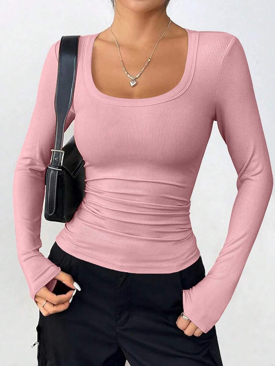 Women Spring And Fall Long Sleeve Shirts Clothes Cute Going Out Tops Ribbed Tight Fitted Plain Basic Tee Tshirts Vacation Outfits For Women - Pink - View 1