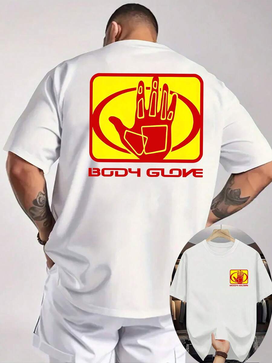 MOHEEB KHANB 1pcNew Summer Men'S Casual T-Shirt With Ribbed Round Neck And Short Sleeves, Made From Knitted Fabric For A Refreshing And Comfortable Feel, Featuring Double-Sided Prints On The Front And Back, With A Body Glove Handprint DesignSummer Clothing Tops - 米色 - 查看 1