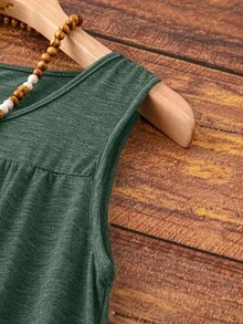 Women's Knit Knee-Length Spaghetti Strap Dress, Ruffled Hem, Slightly Stretchy, Dark Green - Dark Green - View 6