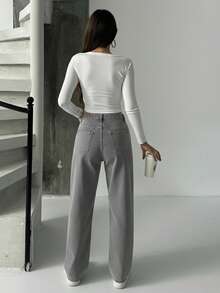 Jeans de cintura alta y pierna ancha para mujeres, de unicolor con bolsillos, botones y cremallera, para uso diario - Gris - Ver 3