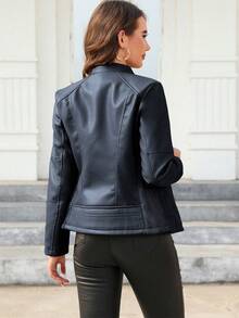 Giolshon Women's Autumn/Winter Faux Leather Motorcycle Jacket - Asymmetric Zipper, Stand Collar Design, Creates Avant-Garde Commuting And Urban Street Style - Dark Blue - View 2