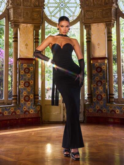 Faeriesty Backless Heart-Shaped Neckline Dress, Built-In Bra, Draped Waistline, Fitted Silhouette, Suitable For Evening Gala, Party, Wedding, Red Carpet Events