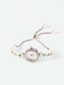Opalesca 1 Stück Modische Quarzuhr für Damen mit doppelter Perlenverzierung und verstellbarer Kette, Gehäuse aus Legierung, Zifferblatt mit arabischen Ziffern, elegantes Design für Damen und Studentinnen - Silber - Übersicht 5