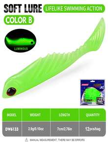 TACKLEPIONEER 12个T型尾软饵，7厘米/2.9克（2.76英寸*0.1盎司），仿生PVC钓鱼饵，带3D眼睛 | 偏置曲柄钩铅头钓组 - 慢沉，防咬设计，逼真泳姿，多种颜色可选，适用于鲈鱼、河鲈和海鲈。 - 彩色 - 查看 18