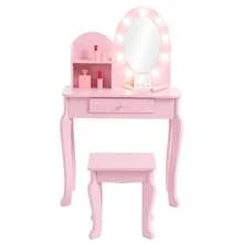 Juego de Maquillaje Infantil de Madera para Niñas, Mesa y Silla con Espejo Iluminado al Tacto, Juego de Cambiador con Taburete para Juego de Rol - Rosa - Ver 7