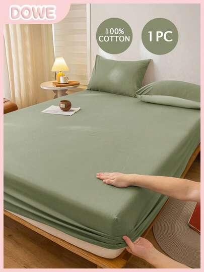 1pc 100% Cotton Fitted Sheet, Woven Washed Cotton, Linen Texture, Fits 35cm Thick Mattress, Unisex Dorm Bedding, School Dormitory Decor, Minimalist Bedroom Decor