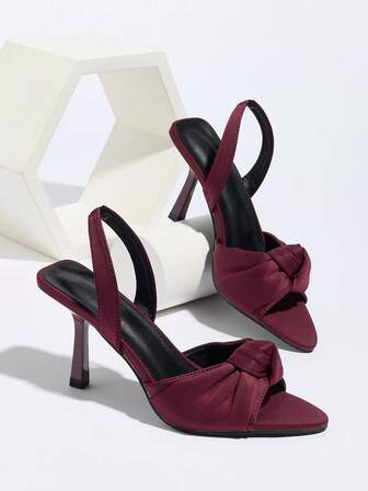 女士褶皱结饰尖头松紧带高跟凉鞋，优雅适合派对、日常穿着、婚礼、聚会、休闲度假、通勤、夏季时尚，酒红色缎面高跟凉鞋，酒红色高跟优雅女士凉鞋，秋季感恩节圣诞节