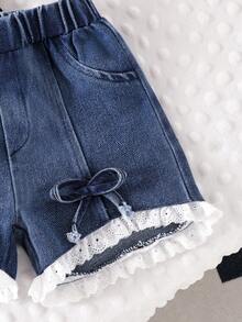 Baby Girl Bow Print Black Short Sleeve T-Shirt Top And 3D Bow Lace Trim Denim Shorts Set - Black - View 8