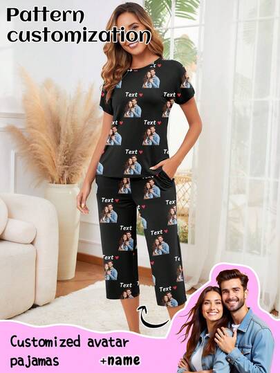 Printstory Customized Women's Short Sleeve Pajama Set, Can Print Any Pattern, Personalized Pajamas With Photos, Comfortable Sleepwear With Customized Funny Images. Suitable For Valentine's Day, Birthday, Gifts, Personalized, Colorful, Cute, Witty, Unique, Ideal Girlfriend Gift, Suitable For Girlfriend, Family, Friends, Elders, Fashionable For Autumn, Party Occasions