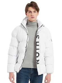 Men's Winter Puffer Warm Jacket - Hooded Polyester Fiber Thick Coat - Casual Style, Non-Stretch, Solid Color With Pockets, Outdoor Activities - trắng - Xem 3