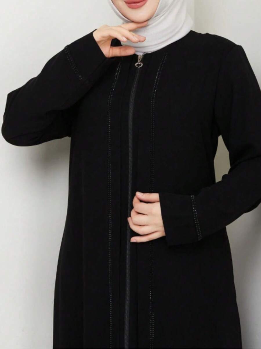 Black Elegant European & Middle Eastern Style Women's Long Robe Dress, Zipper Rhinestone Long Sleeve Luxurious Abaya Jalabiya Spring - Black - View 1