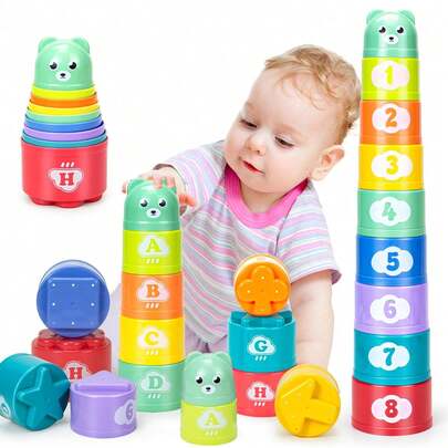 9pcs Colorful Baby Stacking Cups, Children's Sorting Scientific Educational Cognitive Large Building Blocks Enlightenment Learning Toys, Stacking Cups, Numeric & Alphabet Pattern Stacking Cups, Cartoon Bear, Early Cognitive Development Educational Toys, Attention & Recognition Training (Random Color), Learning Supplies, Children's Intellectual Game, Soft Building Blocks, 6 Months Baby Toys, Toddler Birthday Gift