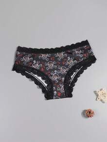 Dircho 5条装女士性感可爱哥特风撞色蕾丝比基尼内裤 - 骷髅/海盗/骷髅蜘蛛印花，丝滑柔软舒适贴身内衣，弹力透气松紧腰轻盈日常内衣套装 - 彩色 - 查看 10