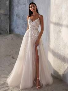 Elegant Sexy Lace Applique Backless High Slit A Line Tulle Formal Wedding Dress,Registry Office Dresses Engagement Bridal Gown,Evening Party Dress Birthday Party Dress Country Wedding,Romantic Church Ceremony Wedding Dress,Suitable For Wedding,Dating,Party,Singles' Party,Vacation,Formal Occasions,Dinner Dress,Prom Dress,Homecoming Dess,Cocktail Party,Wedding Guest Dress,Graduation - 白色 - 查看 1