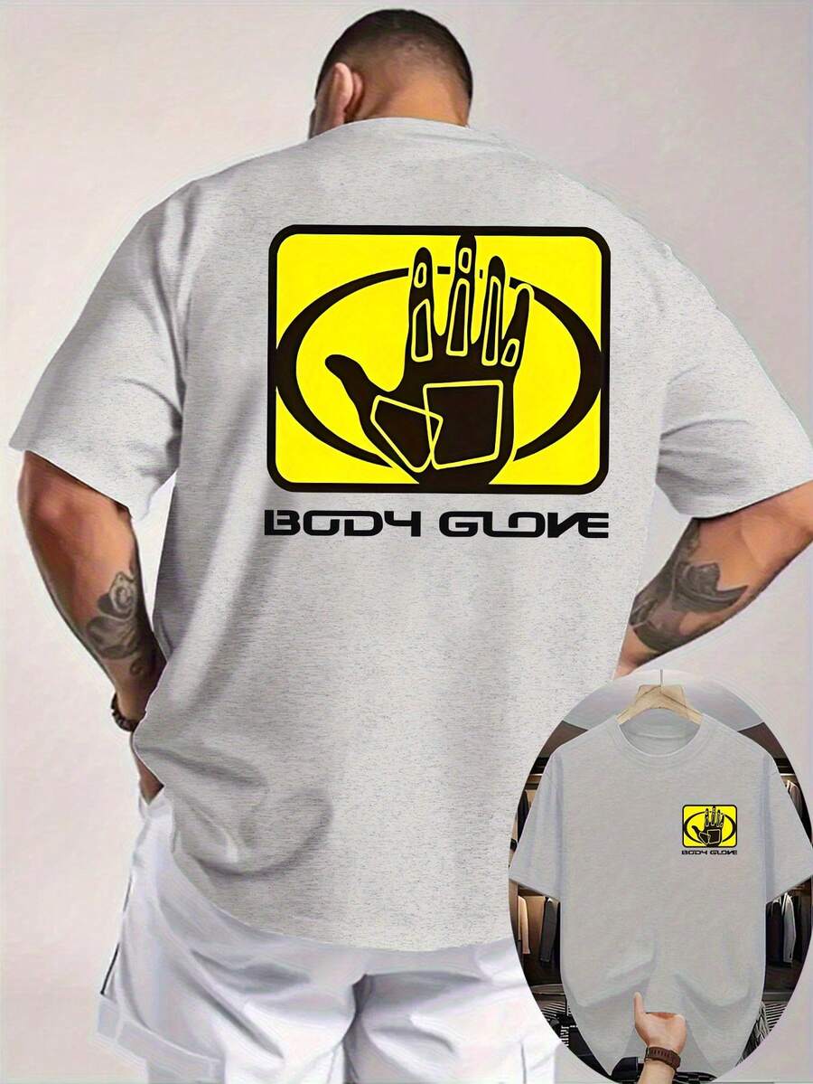 MOHEEB KHANB 1pcNew Summer Men'S Casual T-Shirt With Ribbed Round Neck And Short Sleeves, Made From Knitted Fabric For A Refreshing And Comfortable Feel, Featuring Double-Sided Prints On The Front And Back, With A Body Glove Handprint DesignSummer Clothing Tops - Xám - Xem 1