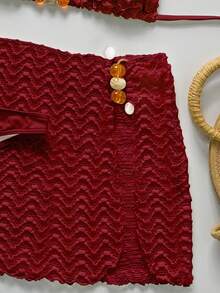 Bikinx 3件套女士波浪纹露背性感比基尼套装，含吊带背心和纱笼裙，适合夏季海滩度假 - 紅色 - 查看 6