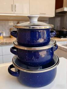 3pcs Multi-Color Enamel Cookware Set, Thick Double-Ear Enamel Cooking Pot, Suitable For Gas & Induction Cooktop, Includes Soup Pot, Milk Pot, Cartoon Cute Enamel Bowl With Handle