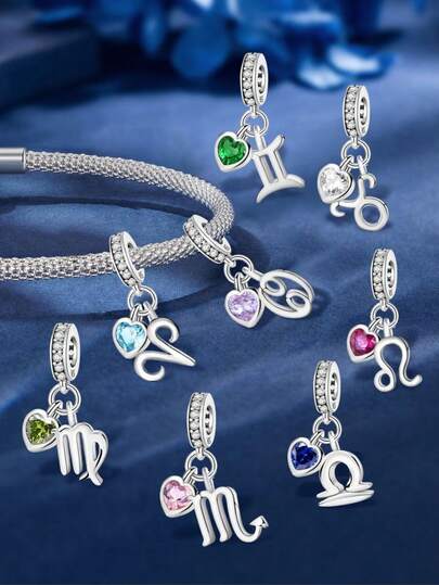 1件时尚925纯银心形星座珠子吊坠，适合DIY珠宝搭配和日常服装装饰，送给女性的礼物（水瓶座）