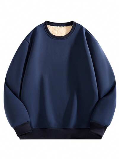 Thermal Lined Faux Wool Men's Winter Crew Neck Pullover Sweatshirt, Casual Polyester Knit Base Layer, Long Sleeve, Round Neck, Regular Fit, Outdoor Leisure, Autumn/Winter Series
