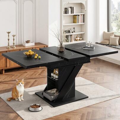 Telescopic Dining Table (110-140*80cm), Extendable Table, Modern And Minimalist Dining Table, Space-Saving Kitchen Table, For Kitchen And Living Room, Black Marble Look
