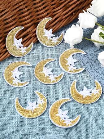 10pcs Gold Moon & Star Embroidered Patches, Durable Fabric Decorative Patches Suitable For Clothing, Bags, Hats - Holiday Decoration
