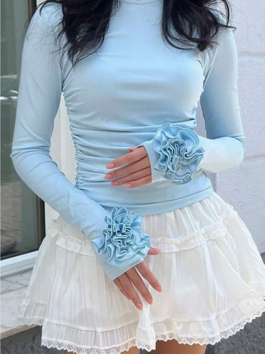 Three-Dimensional Flower Long-Sleeved T-Shirt New Niche Round Neck Slim-Fitting Flower Top - Màu xanh lam - Xem 1