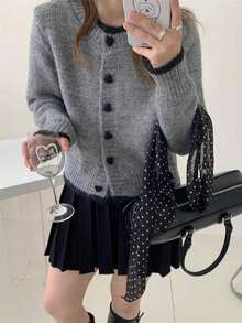 Wixra 2025 Autumn New Design Colorblock Heart Button Knit Cardigan, Versatile Women Sweater Jacket - Light Grey - View 3