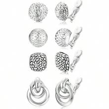 ORAZIO - Juego de 4 pares de aretes de clip para mujer arete de aro de plata y dorado con clip de lágrima aretes redondos y giros sin piercing - Tono plateado - Ver 2