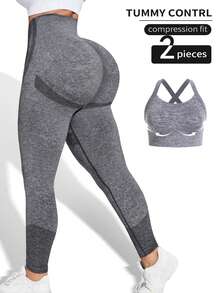 2pcs Seamless High-Elasticity Sportswear,Women's Yoga Fitness Running Training Clothes,Women's High-Support And Detachable Chest Pad Design Sports Bra,High Waisted Tummy Control Sports Leggings For Women,Gym Clothes Women,Workout Sets For Women - 灰色 - 查看 1