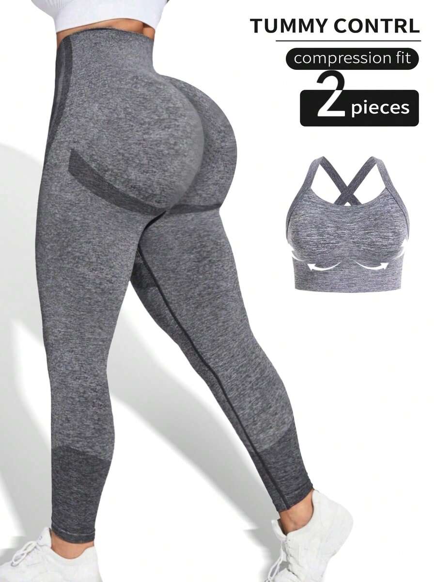 2pcs Seamless High-Elasticity Sportswear,Women's Yoga Fitness Running Training Clothes,Women's High-Support And Detachable Chest Pad Design Sports Bra,High Waisted Tummy Control Sports Leggings For Women,Gym Clothes Women,Workout Sets For Women - 灰色 - 查看 1
