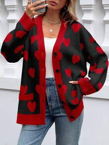 Womens Oversized Heart Cardigan Color Block V Neck Button Long Sleeve Chunky Valentines Sweaters - màu đen - Xem 4