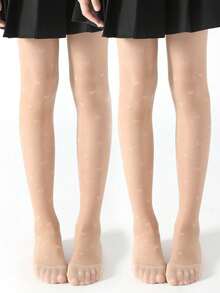 2 Pairs Kids" 3D Floral Net Heart Patterned Tights Pantyhose - Apricot - View 6