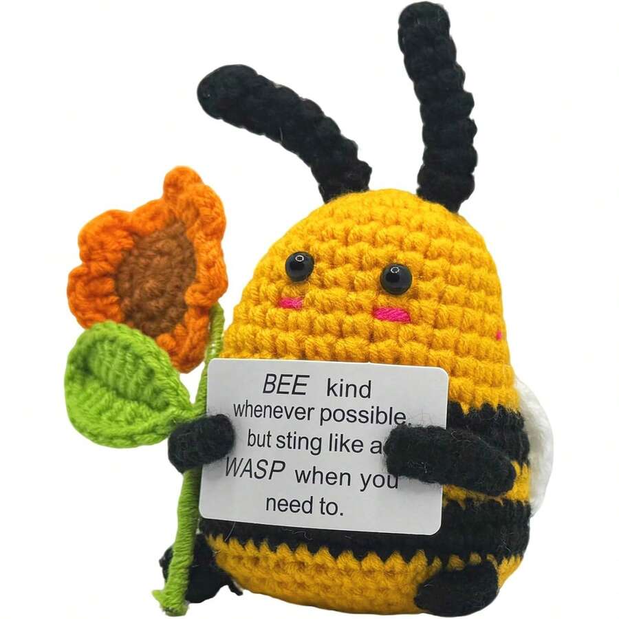 1 Stück Mini Lustiger Biene, 3 Zoll gestrickte Puppe mit Aufmunterungskarte als Geschenk und Partydekoration, süße gehäkelte Bienen Puppe als Geburtstagsgeschenk (Biene mit Sonnenblume)