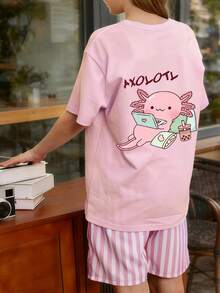 1pc Tween Girl Cartoon Print Short Sleeve Pullover T-Shirt, Comfortable & Fashionable Summer Top For Students & Young Ladies' - Pink - View 2