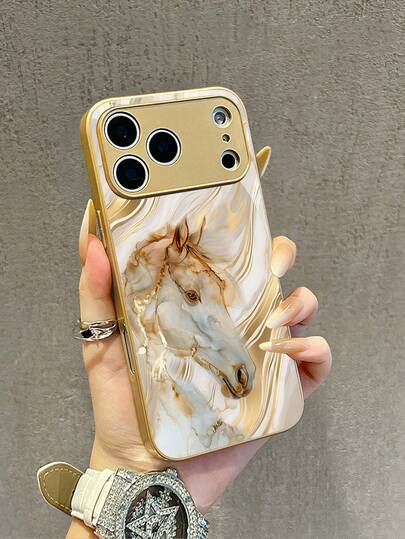 1pc Elegant & Luxurious Glass Material Gold Foil Horse Pattern Phone Case Compatible With IPhone 17 Pro Max/17 Air/16 Pro/16/15 Pro Max/15 Plus/15/14 Pro Max/14 Pro/14/13/12/11/X/XR/XS Max, Premium Protective Shockproof Full Coverage Phone Case